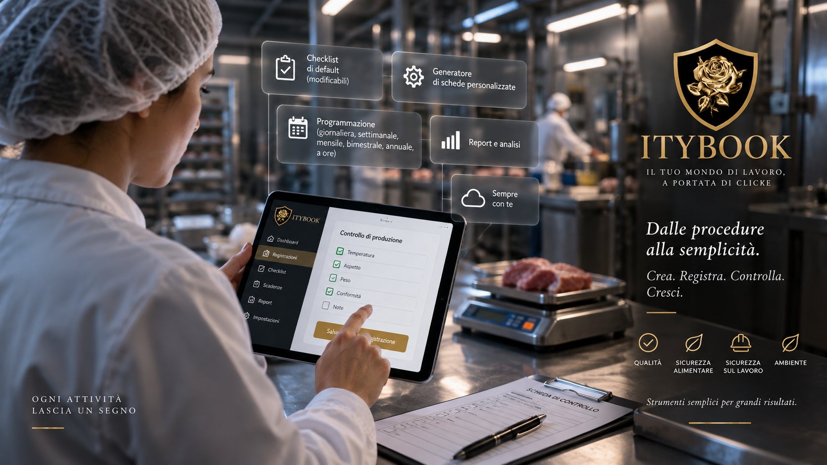 Operatrice in reparto compila una scheda di controllo su tablet con Itybook