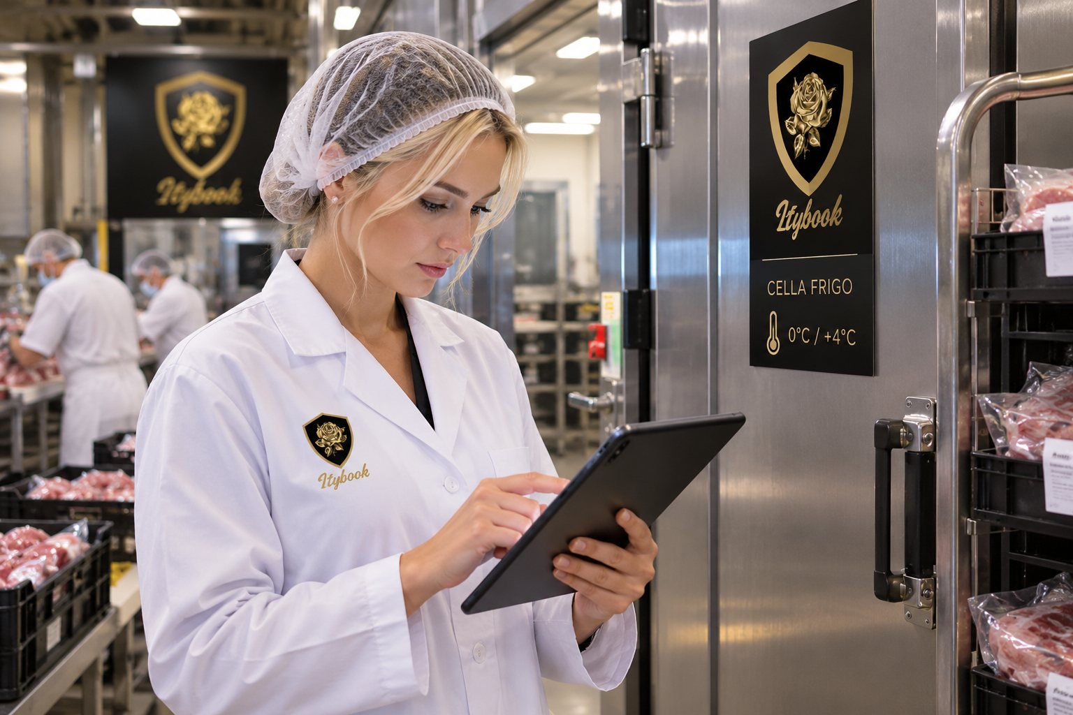 Responsabile qualità in reparto compila una scheda su tablet davanti alla cella frigo